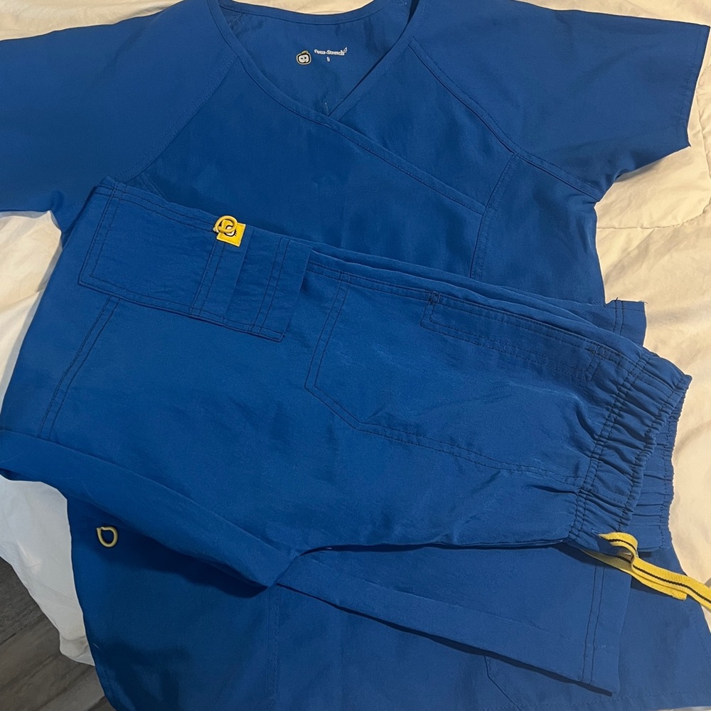 Blue Scrub Set with Yellow Accents